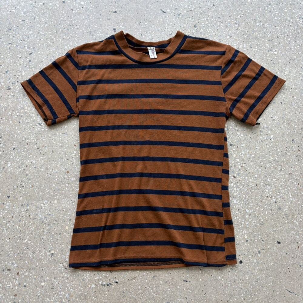 Vintage 70s Chinese Brown/Navy Striped Cotton T-Shirt